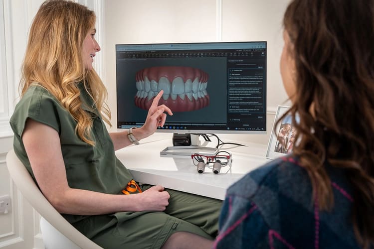 Dentista mostrando diagnóstico digital a una paciente